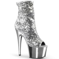 ADORE-1008SQ Pleaser High-Heels Peep-Toe Stiefeletten Pailletten silber chrom