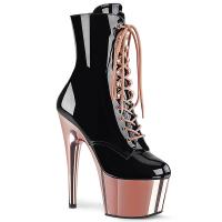 ADORE-1020 Pleaser High-Heels Plateau Schnürstiefeletten schwarz Lack rosegold Chrom