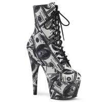 ADORE-1020DP Pleaser vegane Damen Plateau Stiefeletten Dollar-Print weiss schwarz Textil