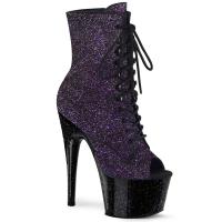 ADORE-1021MG Pleaser vegane Damen Peep Toe Stiefeletten lila Mini Glitter schwarz