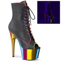 ADORE-1021RC-02 Pleaser vegan high heels peep toe ankle boot blacklight reactive black matte rainbow chrome