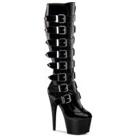 ADORE-2043 Pleaser high heels platform knee boots with 8 buckles black patent