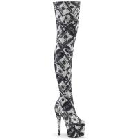 ADORE-3000DP Pleaser vegan high heels thigh high boot dollar print white black fabric