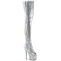 ADORE-3011HWR Pleaser vegane Damen Stretch Plateauoverkneestiefel silber Holo Lack