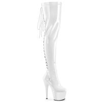 ADORE-3063 Pleaser high heels platform thigh high boots white stretch patent rear lace-up