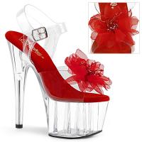 ADORE-708BFL Pleaser High-Heels Sandaletten klar-rot Organzablume mit Perlen