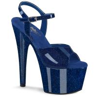Sale ADORE-709GP Pleaser vegan high heels ankle strap sandal navy blue glitter patent 38