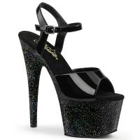ADORE-709MG Pleaser high heels platform ankle strap sandal black patent mini glitter