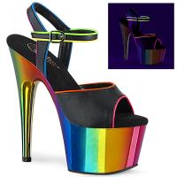 ADORE-709RC-02 Pleaser vegan high heels ankle strap sandal UV reactive rainbow chrom black matte