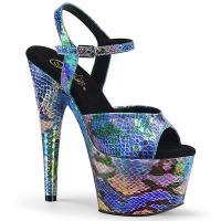 ADORE-709SP Pleaser veganer Damen Plateau Sandaletten blau Schlangenprint Holo
