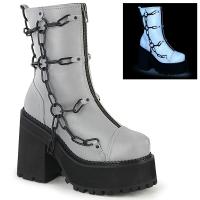ASSAULT-66 DemoniaCult vegan cleated platform high heels ankle boot cage chain grey reflective matte