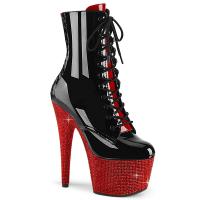 BEJEWELED-1020FH-7 Pleaser High-Heels Plateaustiefeletten schwarz-rot Korsettschnürung Strass