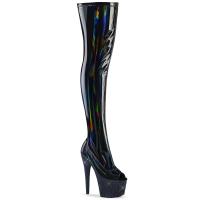 BEJEWELED-3011-7 Pleaser Peep Toe Overkneestiefel Stretch schwarz Holo Lack Strass