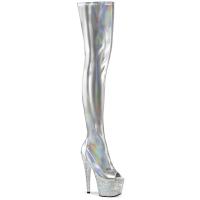 BEJEWELED-3011-7 Pleaser peep toe thigh high heels platform boot rhinestones silver holo patent