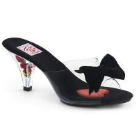 BELLE-301BOW Pin Up Couture Pantoletten klar schwarz mit Schleife und Blumenabsatz