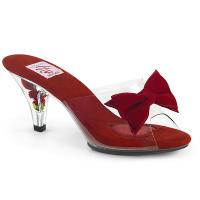 BELLE-301BOW Pin Up Couture Pantoletten klar rot mit Samt Schleife und Blumenabsatz