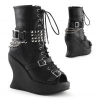 BRAVO-89 DemoniaCult Damen Keilabsatz Stiefeletten Nieten Ketten schwarz Lederoptik