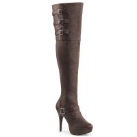 CHLOE-308 Pleaser High-Heels Plateauoverkneestiefel braun Lederoptik mit Riemchen