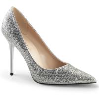 CLASSIQUE-20 Pleaser High-Heels Pumps silber Glittergewebe vorn spitz geschnitten