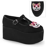 CLICK-04-1 DemoniaCult Damen Plateaupumps schwarz Textil Paspel Katzen Filzstickerei