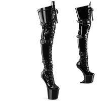 CRAZE-3028 Pleaser vegan heelless tigh high platform boot tripple buckle black patent