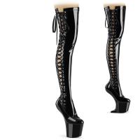 CRAZE-3050 Pleaser vegan lace-up side thigh high heelless boots black stretch patent