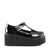 Sale CREEPER-214 DemoniaCult Damen Gothic T-Riemchen Cutout Plateauschuhe schwarz Lack 38