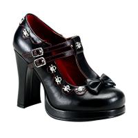 CRYPTO-06 DemoniaCult Damen Plateau Pumps Riemen Totenkopf Nieten Schleife schwarz Lederoptik