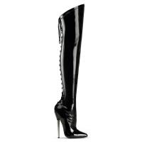 DAGGER-3060 Devious High Heels Overkneestiefel schwarz Lack Schnürung hinten