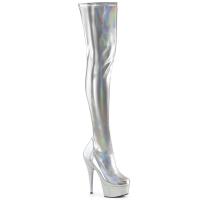 DELIGHT-3000HWR Pleaser vegan platform hologram high heels thigh high boot silver matte