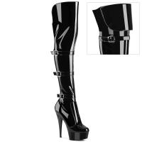 DELIGHT-3018 Pleaser High Heels Schnallen Plateauoverkneestiefel schwarz Stretch Lack