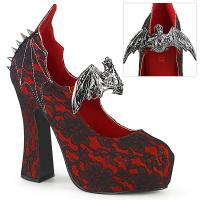 DEMON-18 Pleaser slip-on mary jane pumps spike bat wing detail red satin black lace