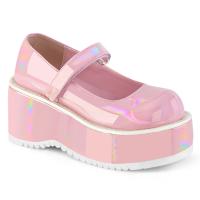 DOLLIE-01 DemoniaCult mary jane platform pumps hook and loop strap baby pink holo patent