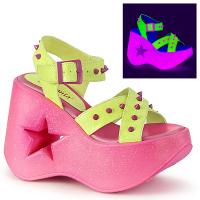 DYNAMITE-02 DemoniaCult Riemchen Sandaletten Kegelstacheln UV neon gelb pink Glitter