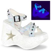 DYNAMITE-02 DemoniaCult Damen Plateau Riemchen Sandaletten Kegelstacheln weiß Multi Glitter