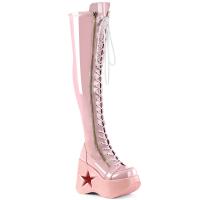 DYNAMITE-300 DemoniaCult platform wedge lace-up thigh high boot baby pink holo stretch patent