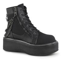 EMILY-114 DemoniaCult platform ankle bootie black canvas vegan leather with chains