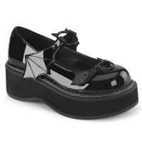 EMILY-23 Damenia vegane Damen Mary Jane Plateaupumps Fledermausschnallen schwarz Lack
