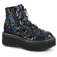 EMILY-315 vegane DemoniaCult Damen Schnürstiefeletten schwarz Hologramm Lederoptik mit O-Ring