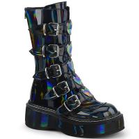 EMILY-330 DemoniaCult Vegane wadenhoher Plateaustiefel 5 Riemen schwarz Hologramm Herzplatten