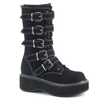Sale EMILY-341 DemoniaCult platform lace-up front mid-calf boots black canvas 5 buckle straps 38