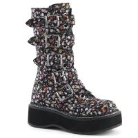 EMILY-340 wadenhohe DemoniaCult Damen Schnürstiefel schwarz Gewebe-Blumenmuster