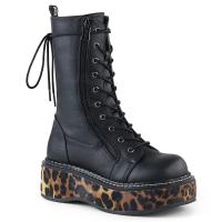 EMILY-350 wadenhohe DemoniaCult Damen Plateaustiefel schwarz mit Gepardenprint-Sohle