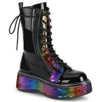 EMILY-350 vegane wadenhohe DemoniaCult Plateaustiefel schwarz Regenbogen Hologramm