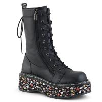 EMILY-350 wadenhohe DemoniaCult Damen Plateaustiefel schwarz mit Blumenmustersohle