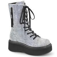 EMILY-362 DemoniaCult vegane Damen Plateaustiefel silber Lederoptik Strasssteinchen