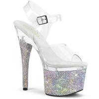 ESTEEM-708DM Pleaser vegan platform ankle strap sandal clear silver AB rhinestones