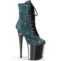 FLAMINGO-1020CHRS Pleaser High Heels Plateaustiefeletten türkis Multi Strass zinn Chrom