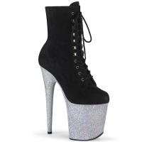 FLAMINGO-1020FSMG Pleaser Damen Plateau Stiefeletten schwarz Velours silber Multi Glitter