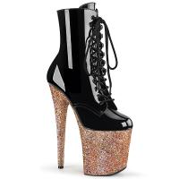 FLAMINGO-1020LG Pleaser High-Heels Plateau Stiefeletten schwarz Lack roségold Glitter